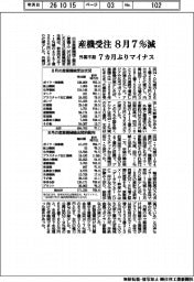 8月の産機受注7%減 外需不振、7カ月ぶりマイナス