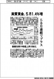 実質賃金、5月1・4%増 5カ月連続でプラス 春闘効果や物価上昇が鈍化