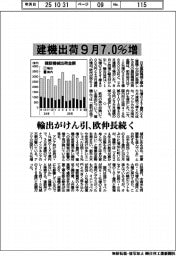 9月の建機出荷7.0%増 輸出がけん引、欧伸長続く