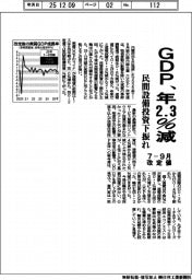 7-9月改定値、GDP、年2・3%減 民間設備投資下振れ