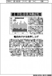 8月の建機出荷2・7%増 輸出向けが全体押し上げ