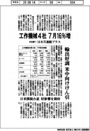 工作機械4社、7月16%増 14カ月連続プラス 本社調べ