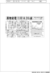 １１月の黒物家電国内出荷、１４・９％減１００７億円　ＪＥＩＴＡ調べ