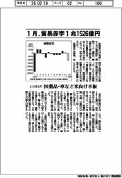 財務省、１月貿易赤字１兆１５２６億円　３カ月ぶり　