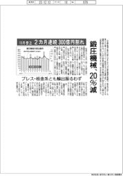 １１月の鍛圧機械受注２０％減　２カ月連続３００億円割れ