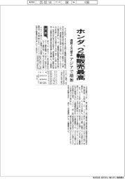 ホンダの通期見通し、２輪販売最高　上方修正、アジアが増加