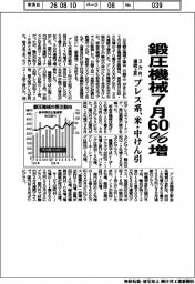 ７月の鍛圧機械受注、６０％増　３カ月連続上昇　プレス系、米・中けん引