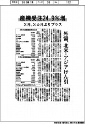 ２月の産機受注２４・９％増　２カ月ぶりプラス