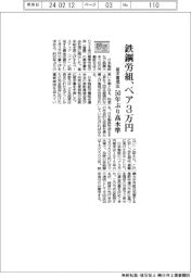 ２４春闘／鉄鋼労組、ベア３万円要求書提出　５０年ぶり高水準