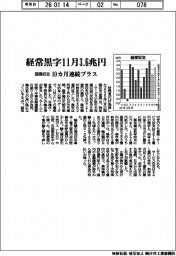 国際収支、１１月の経常黒字3.6兆円　１０カ月連続プラス