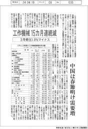 ３月の工作機械受注、３・８％減　１５カ月連続マイナス