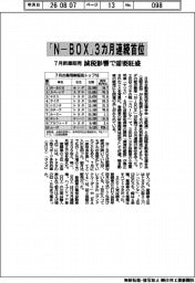 ７月新車販売、「Ｎ―ＢＯＸ」３カ月連続首位　減税影響で需要旺盛