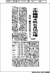 工作機械４社、５月１５％増　輸出、９カ月連続プラス　本社調べ