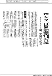 ホンダ、世界販売７・５％減の通期下方修正　４輪、中国で低迷