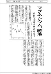 マグネシウム、続落　中国で生産余剰　投げ売り
