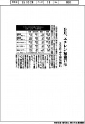 ９月のエチレン稼働７７％　２カ月ぶりに８０％割れ