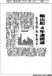 輸出船４年連続減　昨年８９３万総トン超、船主様子見