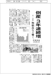 ４―９月の倒産、３年連続増　物価高など響く　民間調査２社まとめ