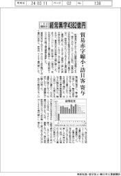 １月の国際収支、経常黒字４３８２億円　