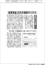 ２月勤労統計、実質賃金１・３％減　２３カ月連続マイナス