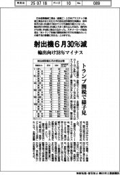 射出機６月３０％減　輸出向け３８％マイナス