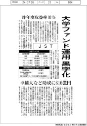 JST、大学ファンド運用黒字化　昨年度収益率１０％