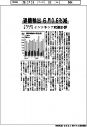 ６月の建機輸出０．６％減　８カ月ぶりマイナス　インドネシア政策影響