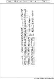 アルミ圧延品、昨年出荷3.1％減　5年連続200万トン割れ　協会まとめ